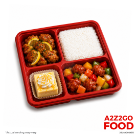Steamed Rice, Glazed Lemon Chicken, Sweet And Sour Pork, Dessert Bento Meal
