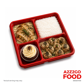 Steamed Rice, Herb-Roasted Chicken in Tarragon Cream, Truffle Meatballs, Dessert Bento Meal