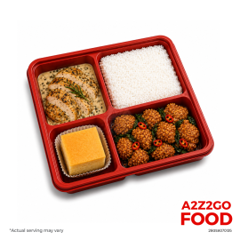 Steamed Rice, Herb Roast Chicken in Creamy Tarragon Sauce, Cereal Pork, Dessert Bento Meal