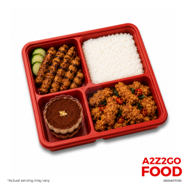 Steamed Rice, Indonesian Chicken Satay, Cereal Pork, Dessert Bento Meal