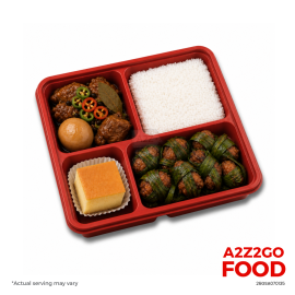 Steamed Rice, Thai Pandan Fried Chicken, Chinese Adobo with Egg, Dessert Bento Meal
