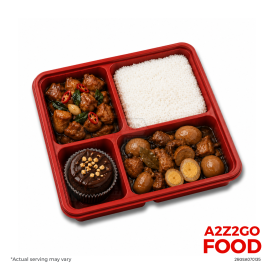 Steamed Rice, Three Cups Chicken, Chinese Adobo with Egg, Dessert Bento Meal