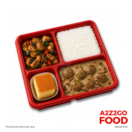 Steamed Rice, Three Cups Chicken, Meatballs with Truffle Mushroom Sauce, Dessert Bento Meal