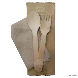 Wooden Spoon, Fork, Tissue Set Set in Kraft Pouch - 50 PCS